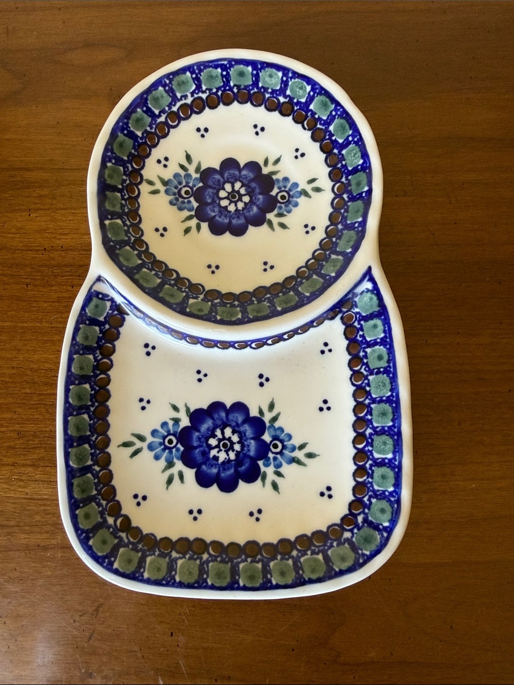 Polish Pottery Blue Floral Ceramic Double Serving Dish